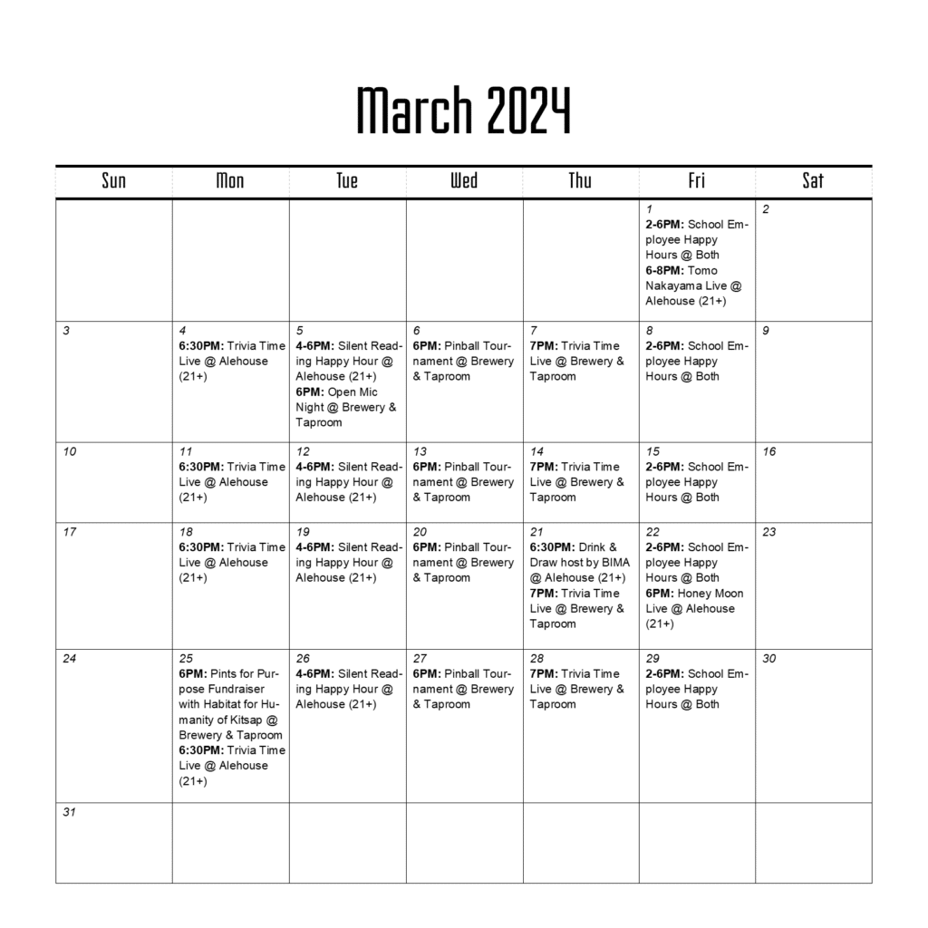 March Event Calendar for Bainbridge Brewing