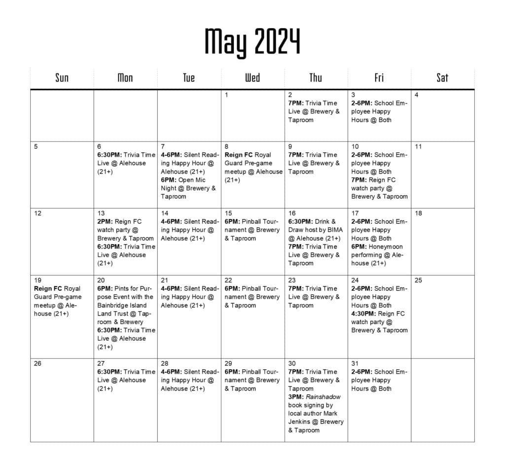 May Event Calendar for Bainbridge Brewing