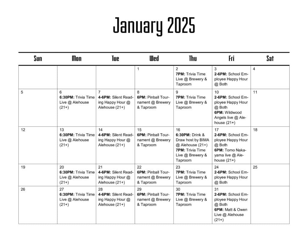 Event Calendar for the month of January